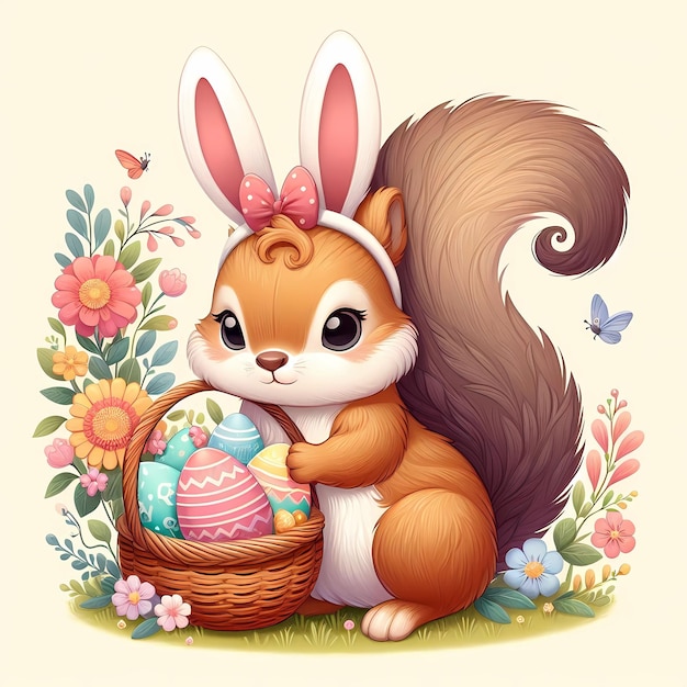 Cute Squirrel character with bunny ears and Easter basket Digital illustration