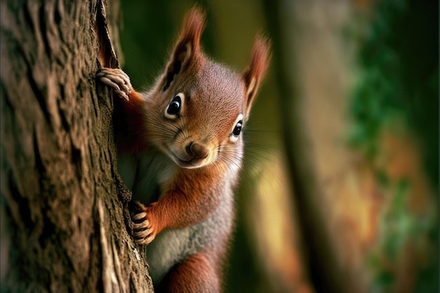 Cute squirrel climbing a tree