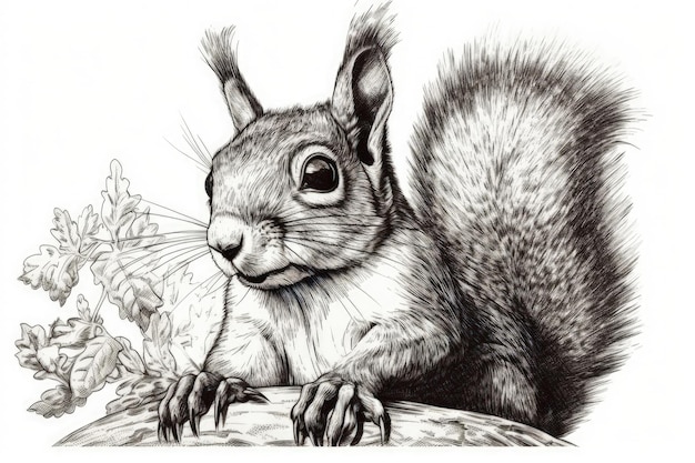 Cute squirrel drawn in black and white created with Generative AI technology