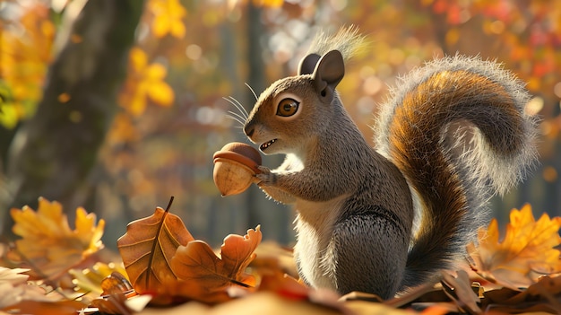 A cute squirrel is sitting on a pile of fallen leaves in the forest