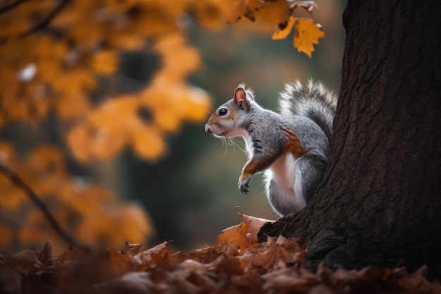 Милая белка прыгает между осенними листьями