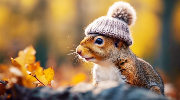 Cute squirrel in knitted hat on blurred autumn park landscape background with copy space