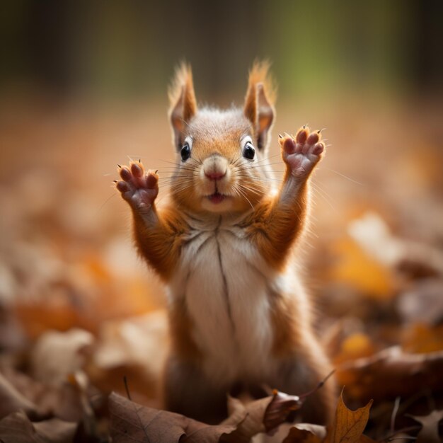 Photo cute squirrel raising both hands up images generative ai