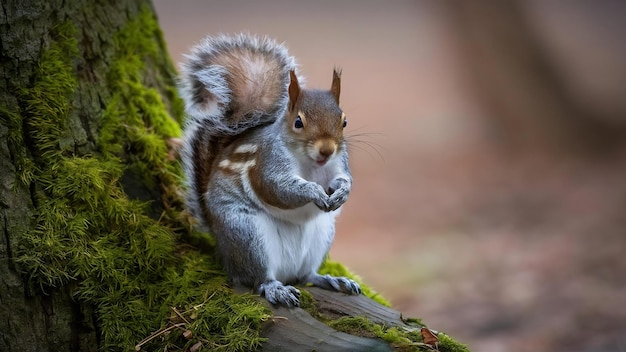 Cute squirrel sitting on the mossy tree trunk with blurred background