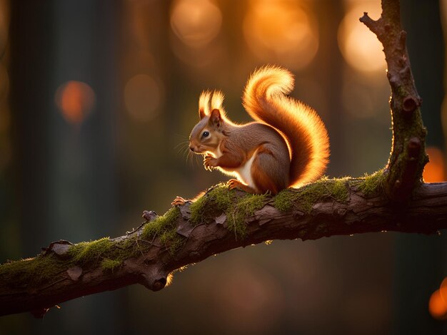 A cute squirrel sitting on a tree branch Sunset