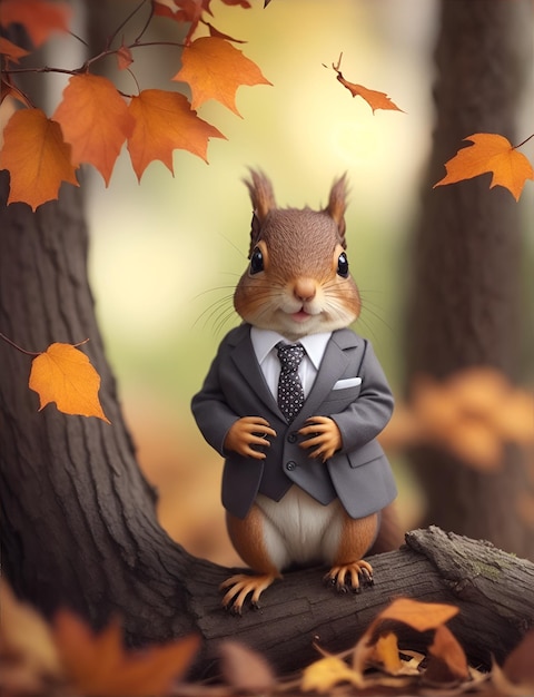 Cute Squirrel in a suit and tie in Autumn