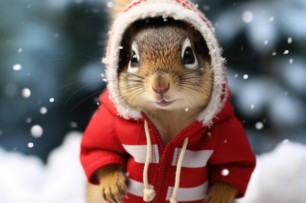 Foto uno scoiattolo carino che indossa una giacca rossa e bianca perfetto per disegni a tema naturale e progetti invernali