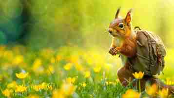 Photo cute squirrel with a backpack standing in a field of yellow flowers the squirrel is looking at the camera the background is blurred