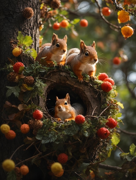 Foto un carino nido di scoiattoli su un albero