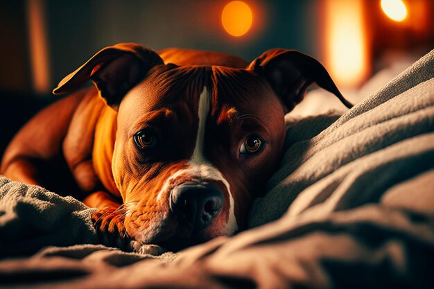 cute staffordshire red cat terrier laying down in a bed