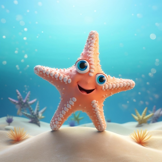 Cute Starfish at the Bottom of the Sea 3D Rendering Cartoon IllustrationAi