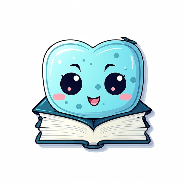 Photo cute sticker of book with cute blue character on white isolated background