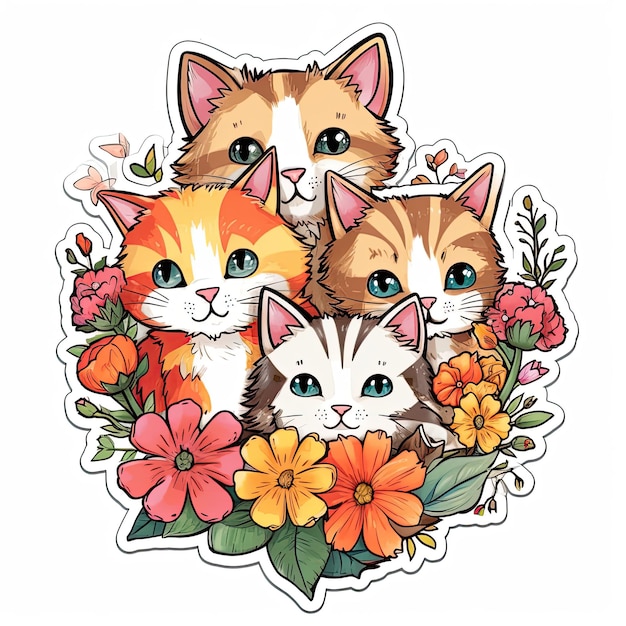 Cute sticker cartoon cat Vector illustration isolated on a white background