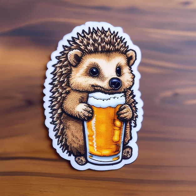 Cute sticker with a beer hedgehog on a wooden background