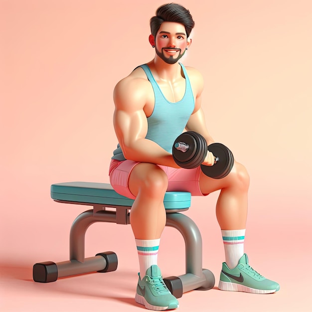 写真 ダンベルを持って座っている可愛い強い男のアスリート スポーツの概念