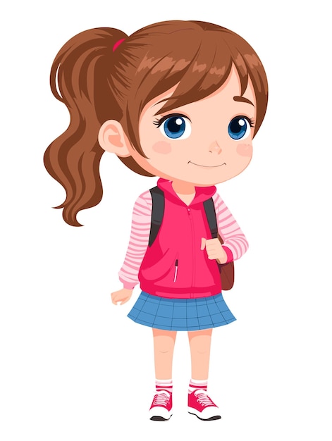 Cute student girl with school bag clip art isolated on white background illustration AI generative