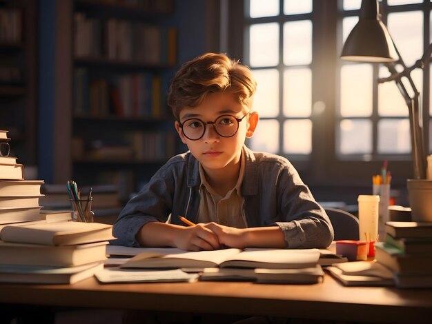 Cute student reading book working on assignment