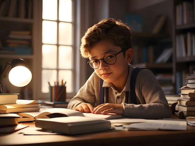 Cute student reading book working on assignment