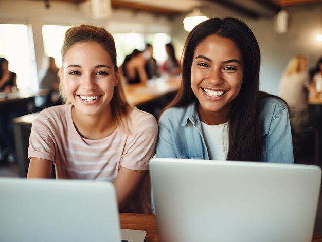 Una studentessa carina che guarda felicemente il suo laptop in classe sullo sfondo sfocato.