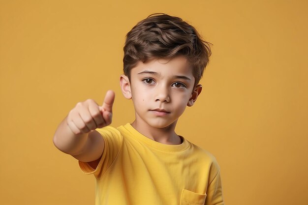 Cute stylish boy arm shoulder raise dont know question oops sorry look empty space isolated on yellow color background