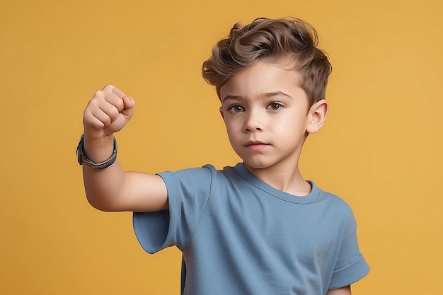 Cute stylish boy arm shoulder raise dont know question oops sorry look empty space isolated on yellow color background