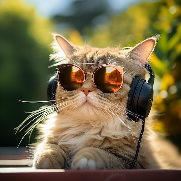 사진 선글라스와 헤드폰을 입은 귀여운 스타일리시한 고양이