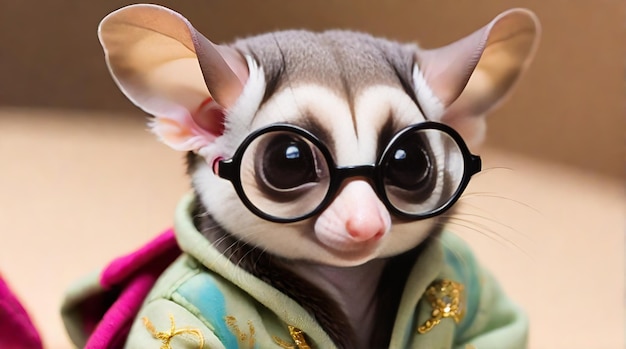 Photo a cute sugar glider wearing glasses and clothes