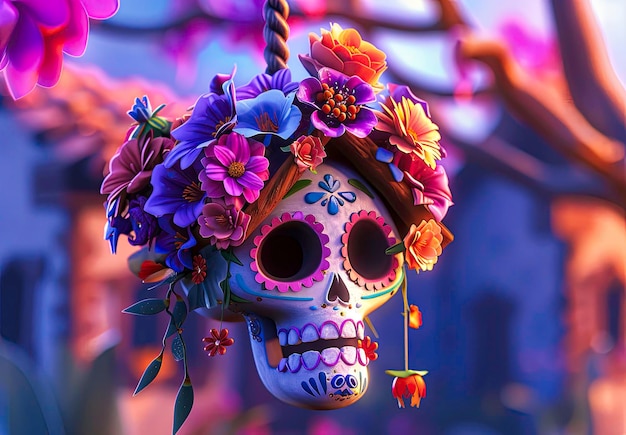 Photo a cute sugar skull birdhouse decorated with flowers in the style of pixar purple bg