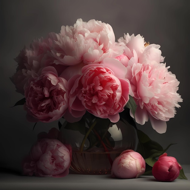 Cute super realistic peonies flowers in a vase peonies bouquet still life
