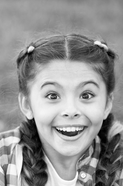 Cute surprised girl with smile on her face Expression of happiness Moment of unexpectancy Looking forward to present Beautiful young face Bright emotion on lady face