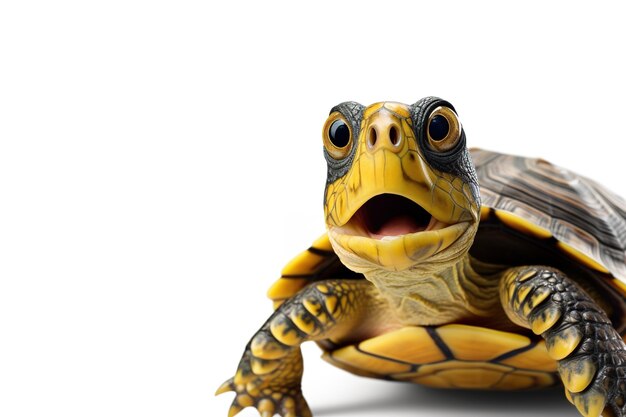 Cute surprised turtle with large eyes on white background Ideal for promotions great deals or offers Good price Black Friday discount Copy space for text Amazed animal Generative AI