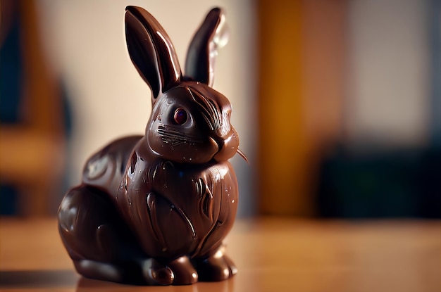 Cute sweet chocolate brown bunny stand on the wooden table
