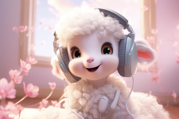 Cute and sweet sheep in headphones Beautiful illustration picture Generative AI