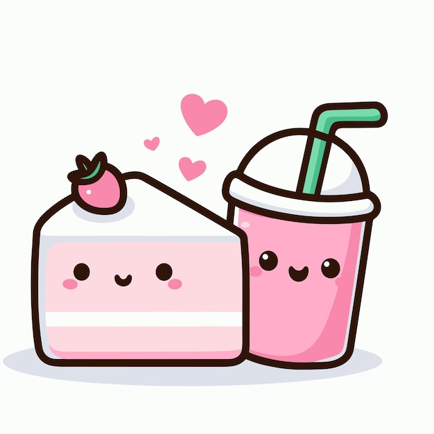 Cute sweet strawberry cake and milkshake kawaii character vector illustration design