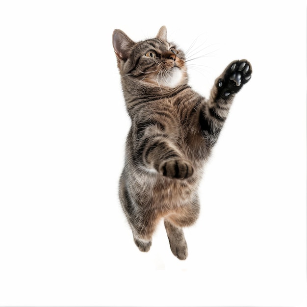 Photo cute tabby cat jumping isolated on a white background