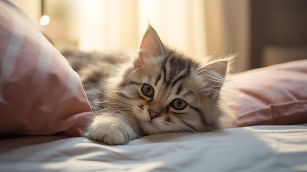 Cute tabby cat lie on bed at home in daylight closeup