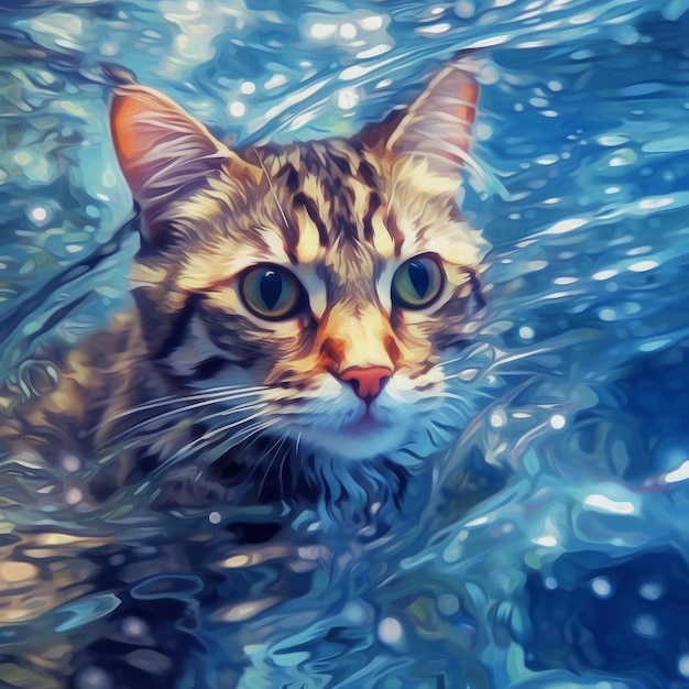 A cute tabby cat swimming in the water