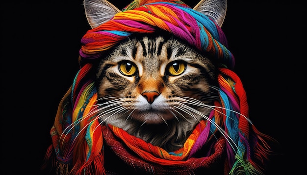 Cute tabby cat wearing colorful scarf Fashion