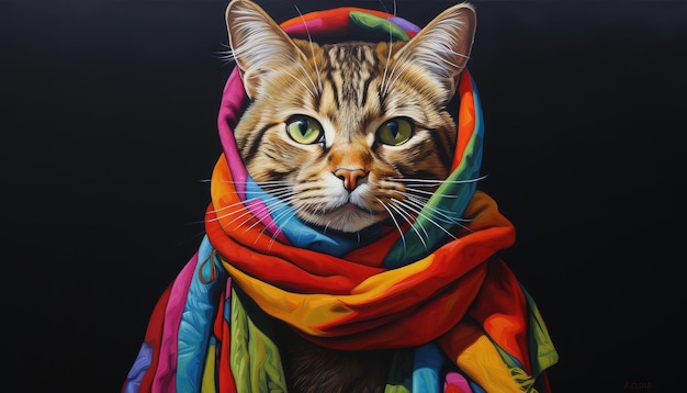 Cute tabby cat wearing colorful scarf Fashion