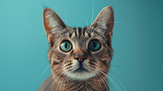 A cute tabby cat with wide green eyes looks up at the camera with curiosity and wonder