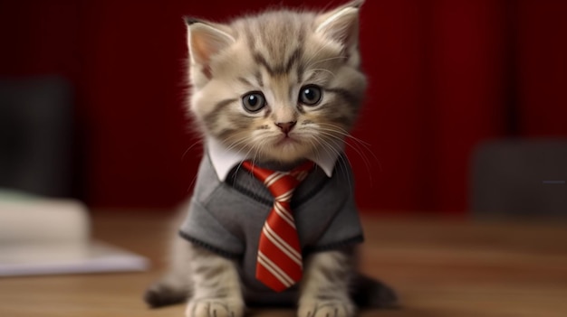 Cute tabby kitten in a business suit and necktie