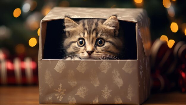 Cute tabby kitten in a gift box on Christmas background