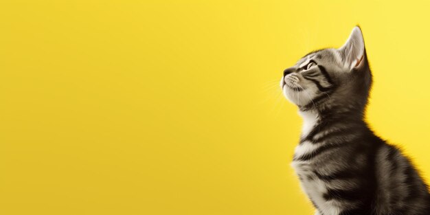 Cute Tabby Kitten Looking Up Yellow Background Minimalistic Style