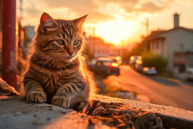 夕日の通りに座っているかわいいとら子猫