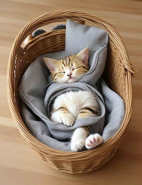 Cute tabby kitten sleeping in a basket