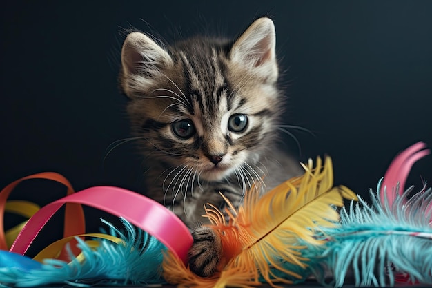 Cute tabby kitten with colorful feathers and ribbons