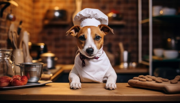 Милый и талантливый собачий шеф-повар готовит вкусные и питательные блюда на кухне для животных