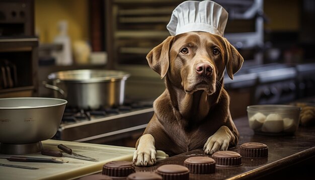 Cute and talented dog chef in the kitchen passionately preparing nutritious meals for animals
