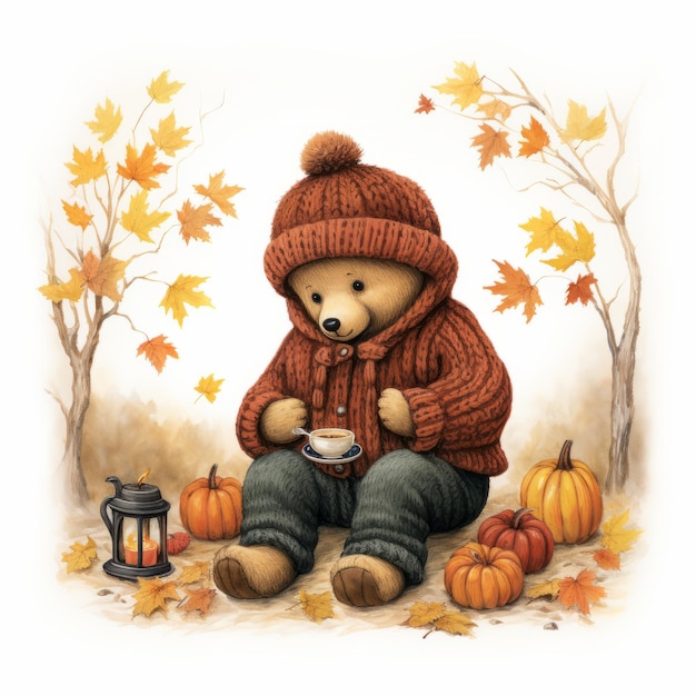 Cute teddy bear and autumn leaves