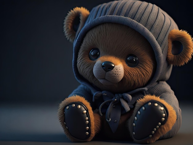 Cute teddy bear baby on black background ai generative